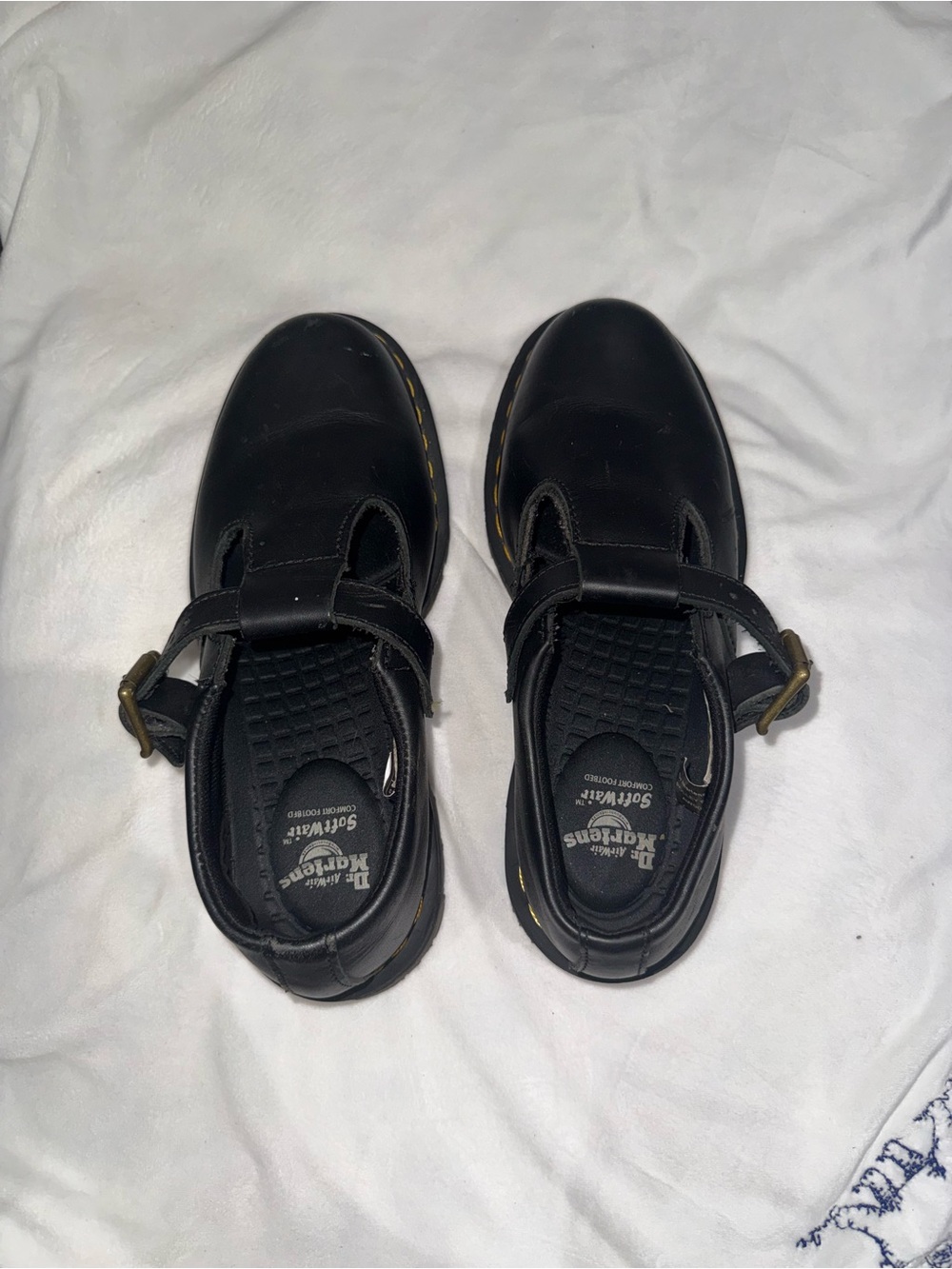 Dr. Martens Kids Black Mary Jane Buckle Shoes with Yellow Stitch